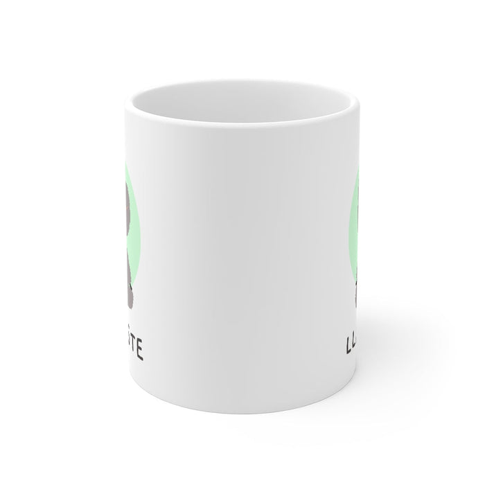 Yoga Mug with LLAMASTE Design: white, gray cartoon llama, cute cartoon style