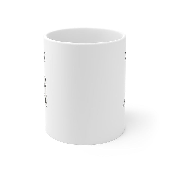 Yoga Pose Mug, Downward Dog: white, black dog, cartoon style