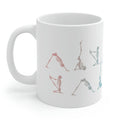 Yoga Poses Skeleton Mug: white, gray human skeletons in yoga poses, minimal graphic style