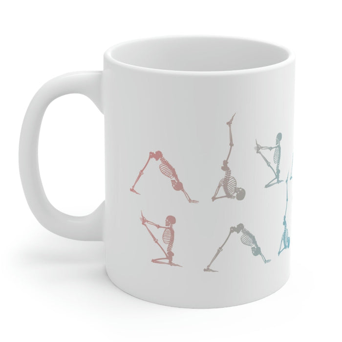 Yoga Poses Skeleton Mug: white, gray human skeletons in yoga poses, minimal graphic style