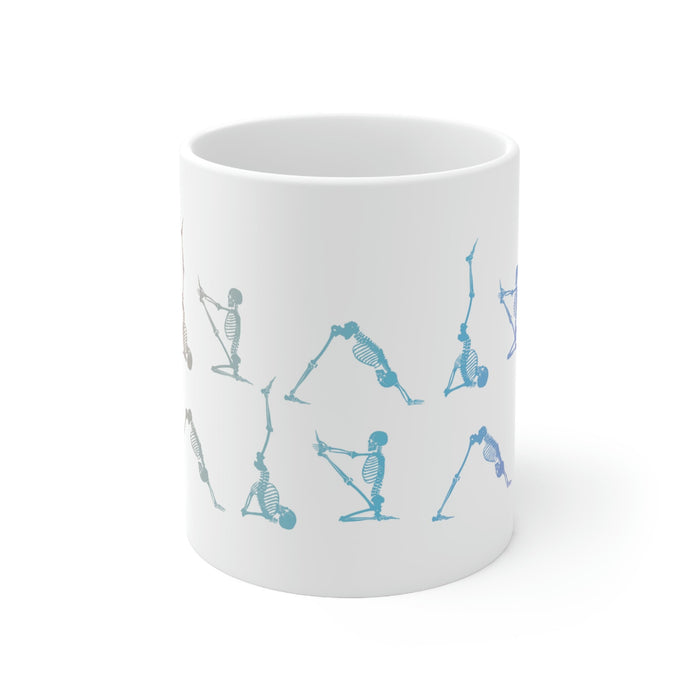 Yoga Poses Skeleton Mug: white, gray human skeletons in yoga poses, minimal graphic style