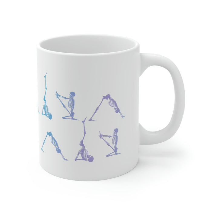 Yoga Poses Skeleton Mug: white, gray human skeletons in yoga poses, minimal graphic style
