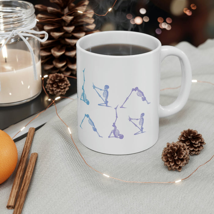 Yoga Poses Skeleton Mug: white, gray human skeletons in yoga poses, minimal graphic style