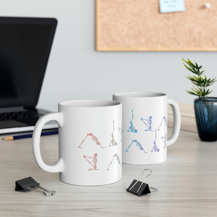 Yoga Poses Skeleton Mug: white, gray human skeletons in yoga poses, minimal graphic style