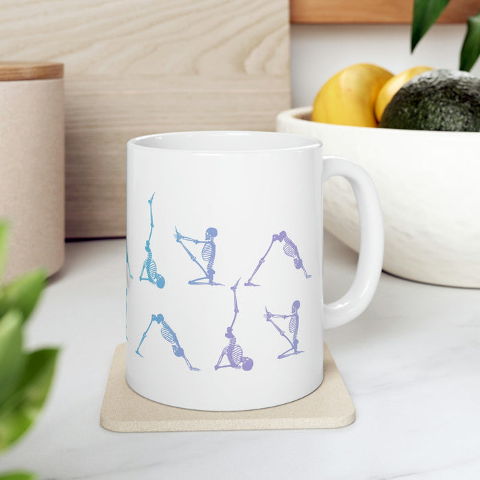 Yoga Poses Skeleton Mug: white, gray human skeletons in yoga poses, minimal graphic style