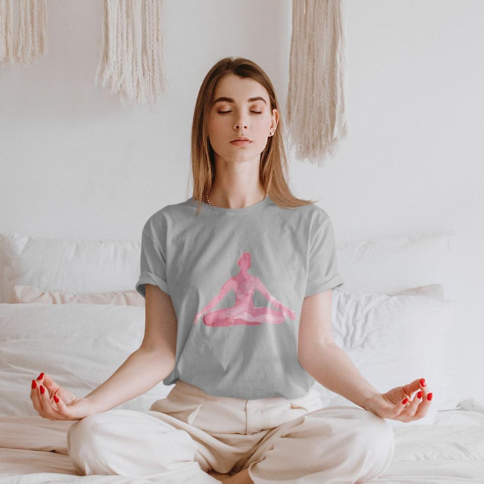 Yoga Print T-Shirt for Meditation Poses: white, pink meditating human silhouette, minimal graphic casual style