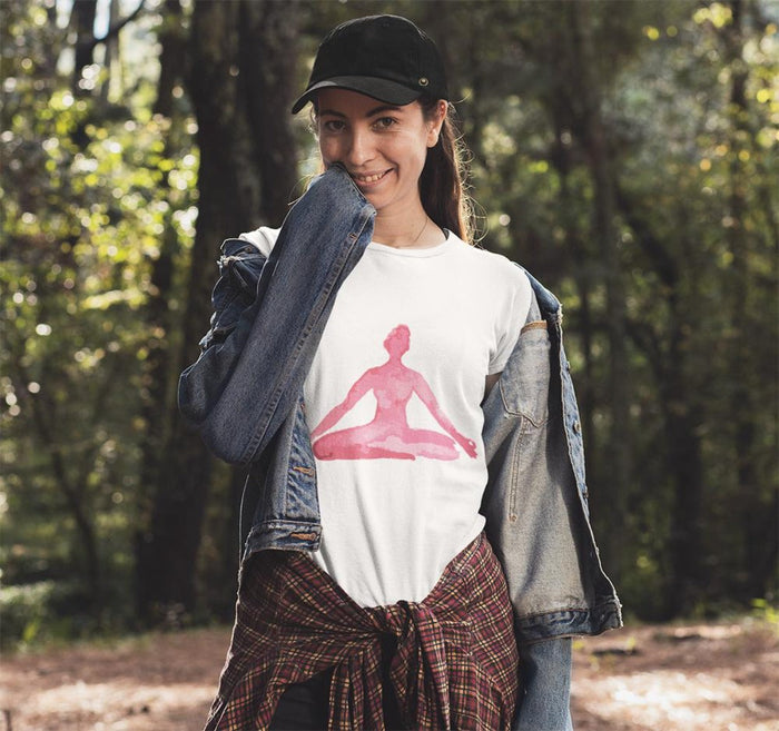 Yoga Print T-Shirt for Meditation Poses: white, pink meditating human silhouette, minimal graphic casual style