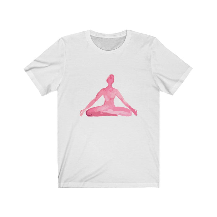Yoga Print T-Shirt for Meditation Poses: white, pink meditating human silhouette, minimal graphic casual style