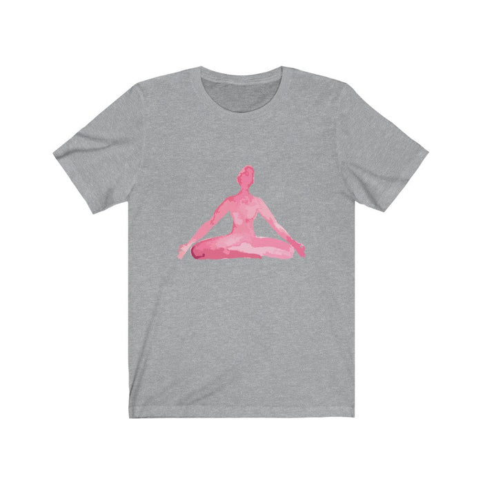 Yoga Print T-Shirt for Meditation Poses: white, pink meditating human silhouette, minimal graphic casual style