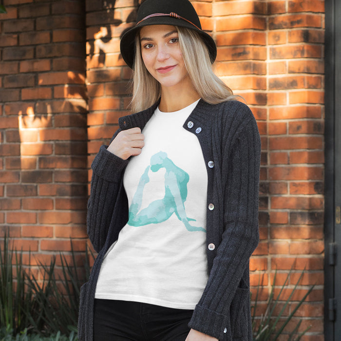 Yoga Reverse Arch Print Jersey Short Sleeve Top: white, light turquoise abstract animal-like silhouette, minimal graphic styl