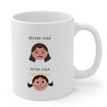 Yoga-Themed Novelty Mug for Pre and Post Practice: white, brown cartoon girl before and after yoga, cartoon, minimalist style