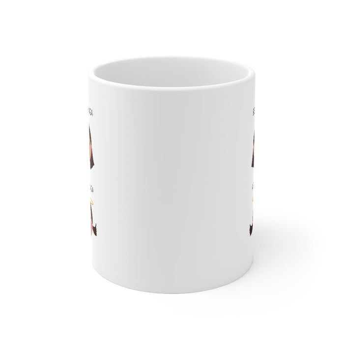 Yoga-Themed Novelty Mug for Pre and Post Practice: white, brown cartoon girl before and after yoga, cartoon, minimalist style