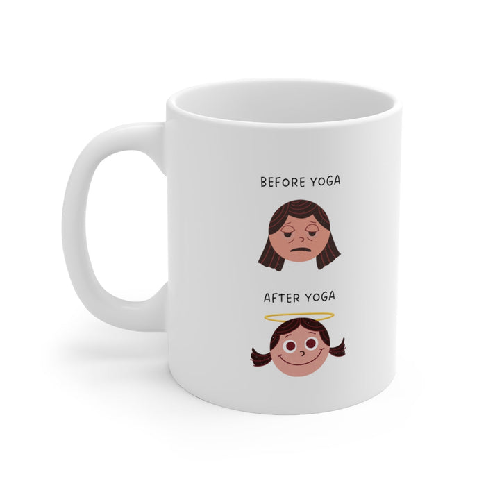 Yoga-Themed Novelty Mug for Pre and Post Practice: white, brown cartoon girl before and after yoga, cartoon, minimalist style