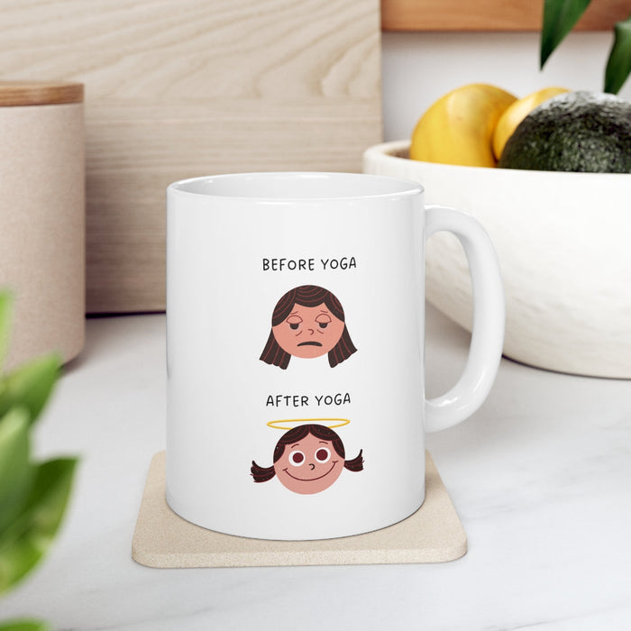 Yoga-Themed Novelty Mug for Pre and Post Practice: white, brown cartoon girl before and after yoga, cartoon, minimalist style