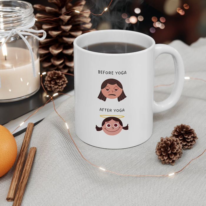 Yoga-Themed Novelty Mug for Pre and Post Practice: white, brown cartoon girl before and after yoga, cartoon, minimalist style
