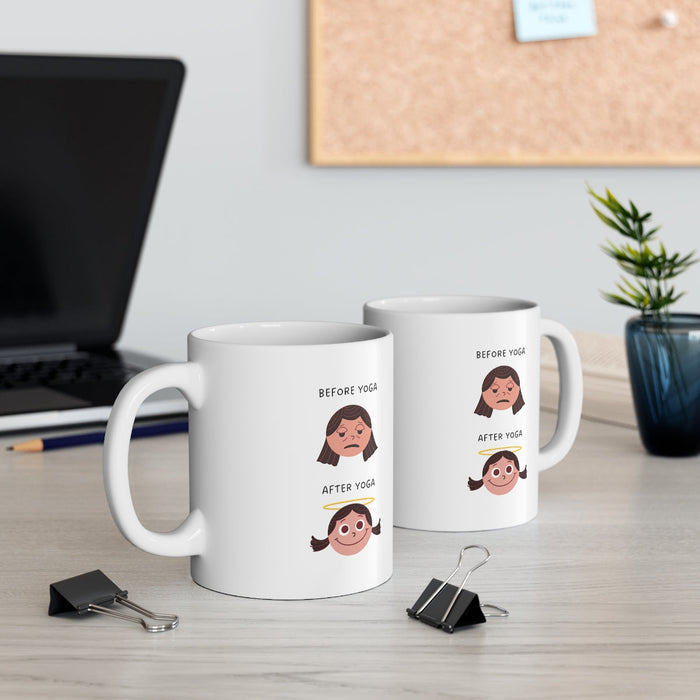 Yoga-Themed Novelty Mug for Pre and Post Practice: white, brown cartoon girl before and after yoga, cartoon, minimalist style