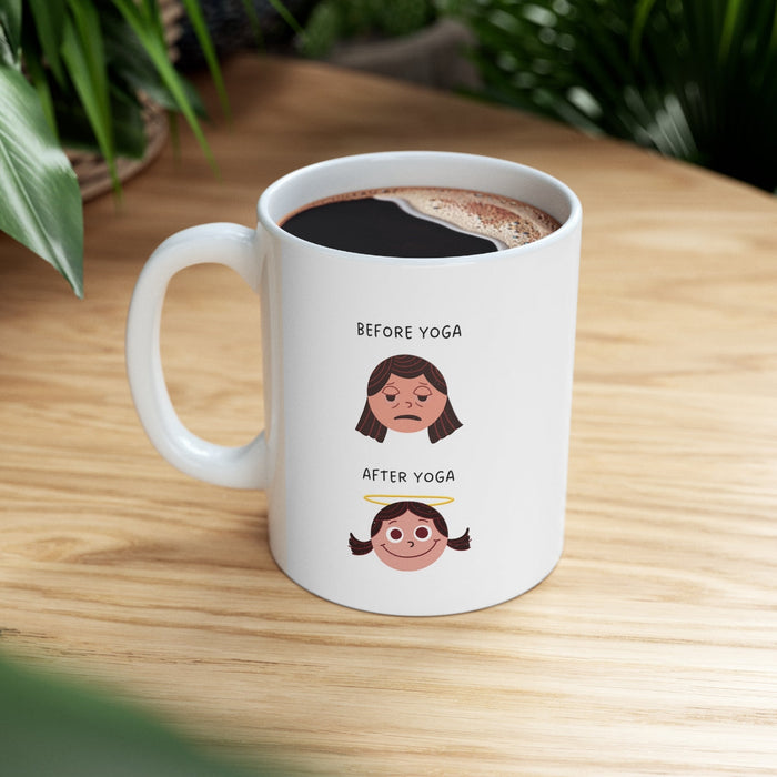 Yoga-Themed Novelty Mug for Pre and Post Practice: white, brown cartoon girl before and after yoga, cartoon, minimalist style