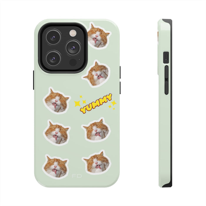 Yummy Feline Durable iPhone Case with Wireless Charging: pale mint green, orange orange-and-white cat, cute cartoon sticker-s