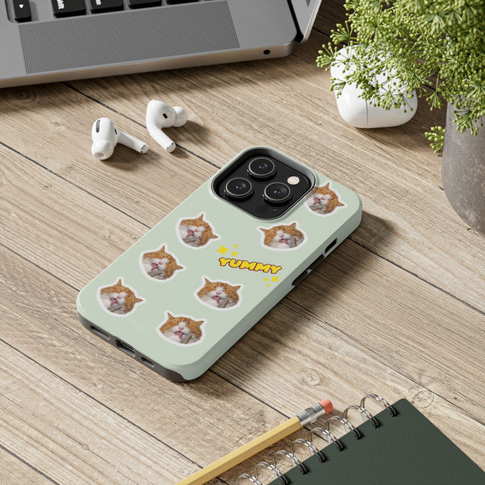 Yummy Feline Durable iPhone Case with Wireless Charging: pale mint green, orange orange-and-white cat, cute cartoon sticker-s