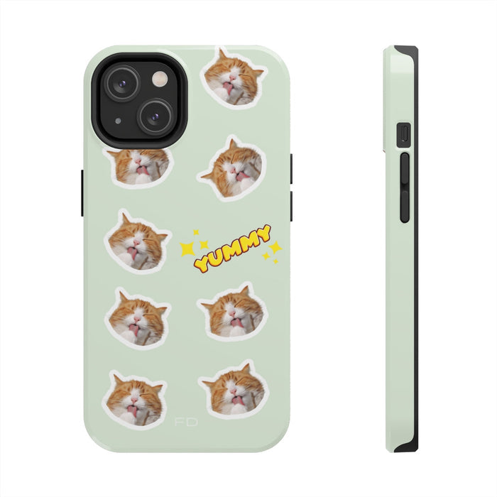 Yummy Feline Durable iPhone Case with Wireless Charging: pale mint green, orange orange-and-white cat, cute cartoon sticker-s