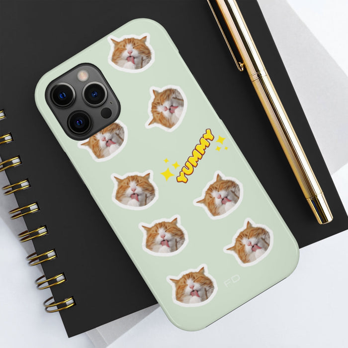 Yummy Feline Durable iPhone Case with Wireless Charging: pale mint green, orange orange-and-white cat, cute cartoon sticker-s