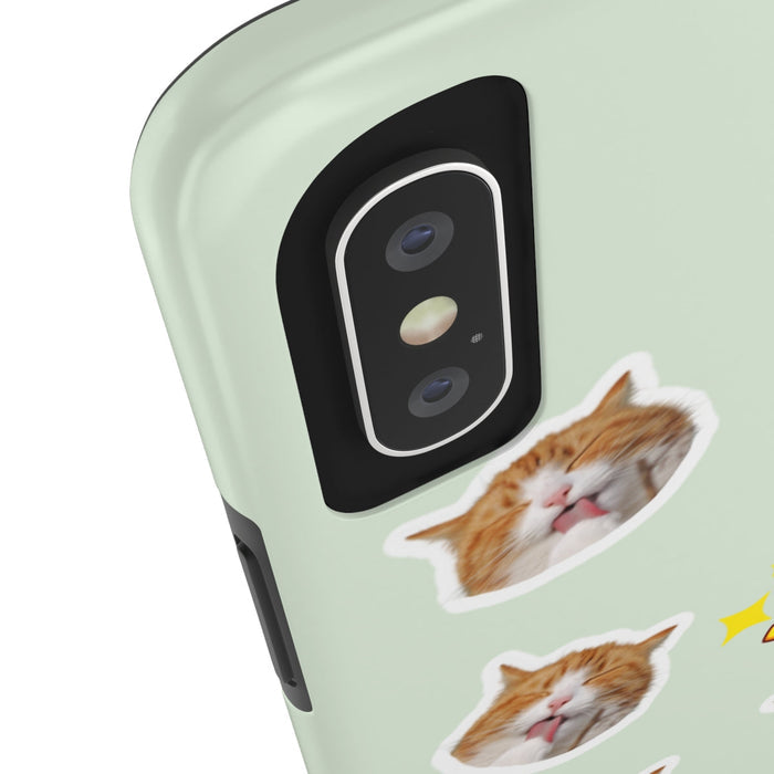 Yummy Feline Durable iPhone Case with Wireless Charging: pale mint green, orange orange-and-white cat, cute cartoon sticker-s