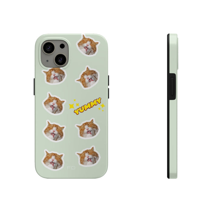 Yummy Feline Durable iPhone Case with Wireless Charging: pale mint green, orange orange-and-white cat, cute cartoon sticker-s