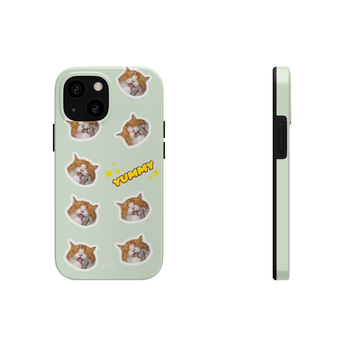 Yummy Feline Durable iPhone Case with Wireless Charging: pale mint green, orange orange-and-white cat, cute cartoon sticker-s