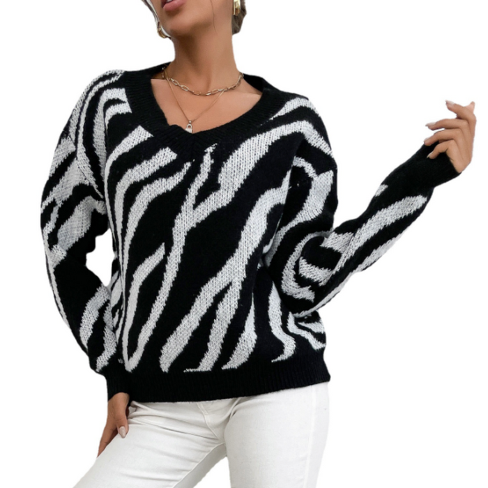 Zebra Patterned Round Neck Women's Sweater: black, white sweater, graphic knit style