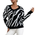 Zebra Patterned Round Neck Women's Sweater: black, white sweater, graphic knit style