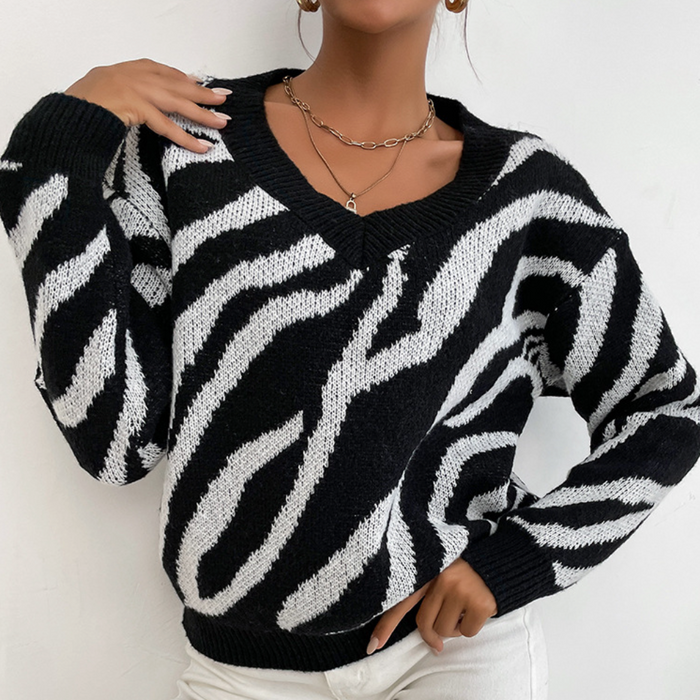 Zebra Patterned Round Neck Women's Sweater: black, white sweater, graphic knit style