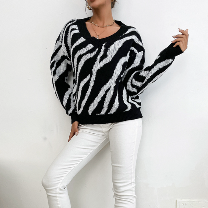 Zebra Patterned Round Neck Women's Sweater: black, white sweater, graphic knit style