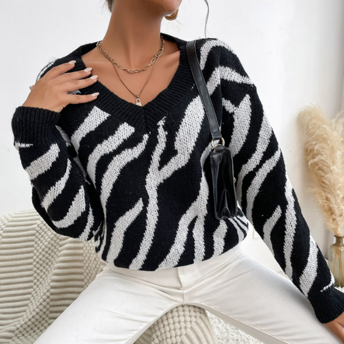 Zebra Patterned Round Neck Women's Sweater: black, white sweater, graphic knit style
