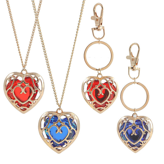 Zelda Heart Container Keychains and Necklace: gold, red heart motif, ornate decorative style