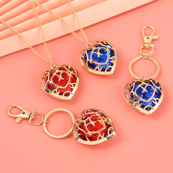 Zelda Heart Container Keychains and Necklace: gold, red heart motif, ornate decorative style