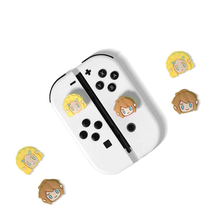 Zelda Joystick Caps for Gaming Controllers: white, black cartoon blonde and brown-haired character faces, kawaii cartoon styl