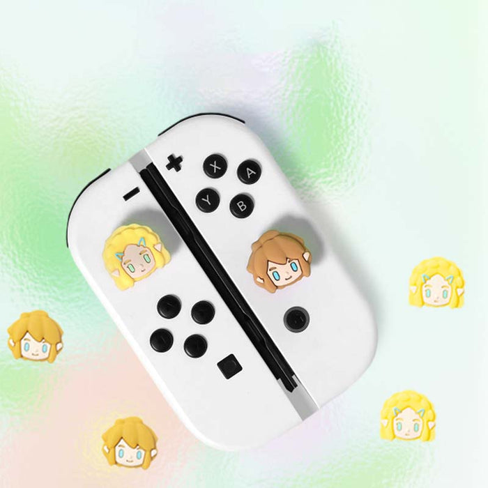 Zelda Joystick Caps for Gaming Controllers: white, black cartoon blonde and brown-haired character faces, kawaii cartoon styl