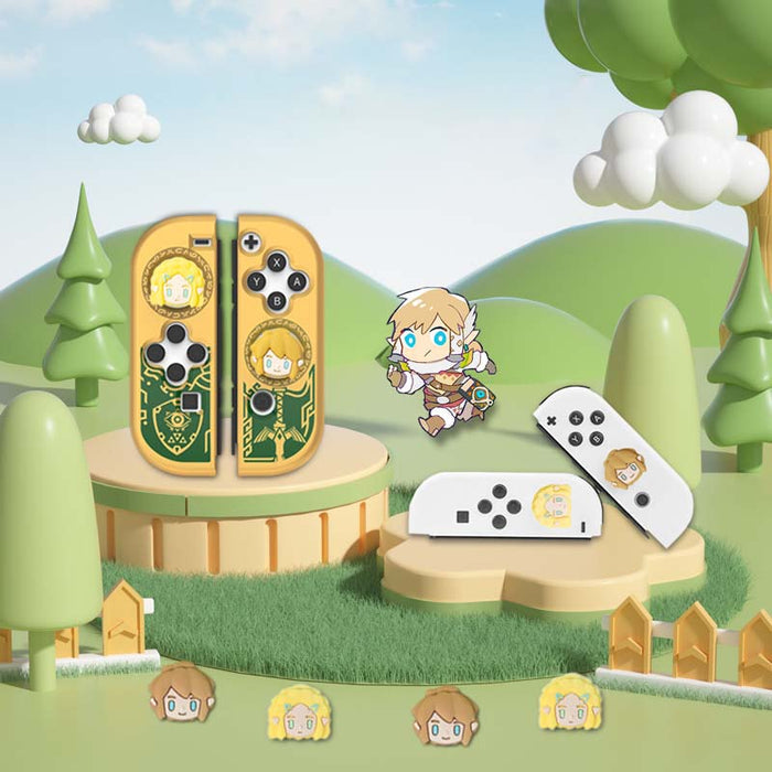 Zelda Joystick Caps for Gaming Controllers: white, black cartoon blonde and brown-haired character faces, kawaii cartoon styl