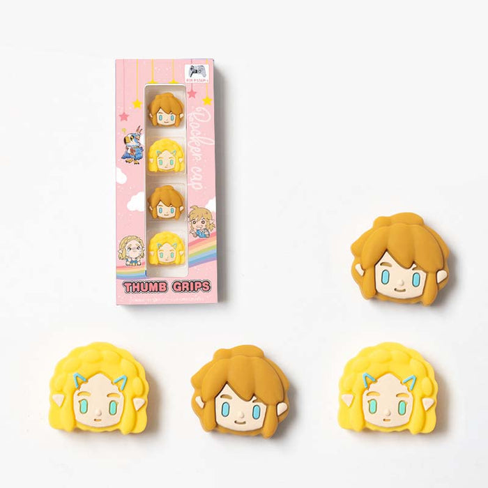 Zelda Joystick Caps for Gaming Controllers: white, black cartoon blonde and brown-haired character faces, kawaii cartoon styl