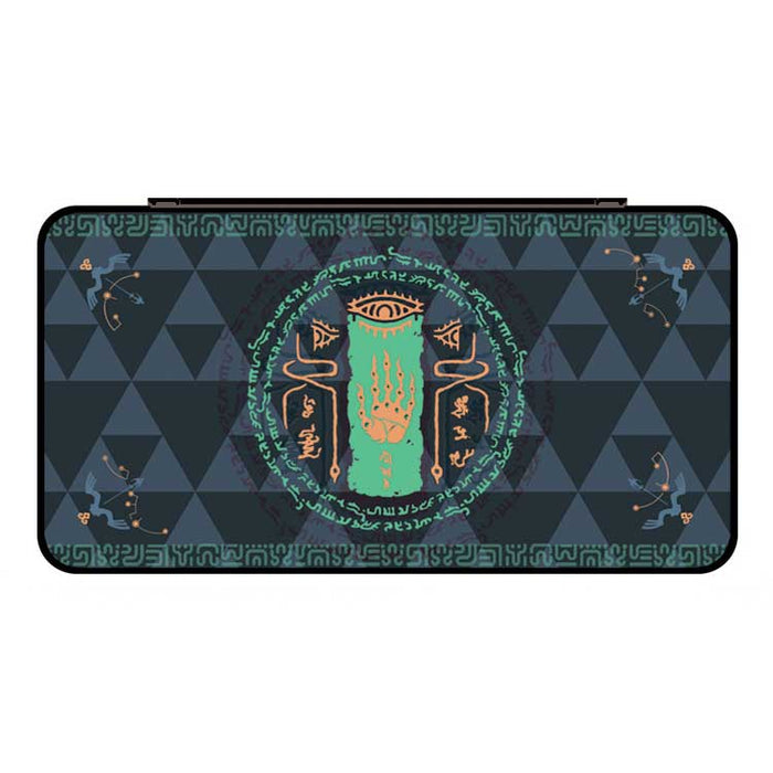 Zelda OLED Game Holder with 24 Slots: black, dark green Egyptian-themed pharaoh figure and serpents, graphic, ornate, Egyptia