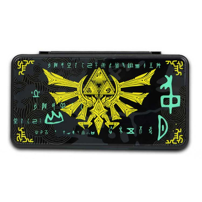 Zelda OLED Game Holder with 24 Slots: black, dark green Egyptian-themed pharaoh figure and serpents, graphic, ornate, Egyptia