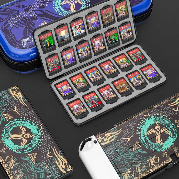 Zelda OLED Game Holder with 24 Slots: black, dark green Egyptian-themed pharaoh figure and serpents, graphic, ornate, Egyptia
