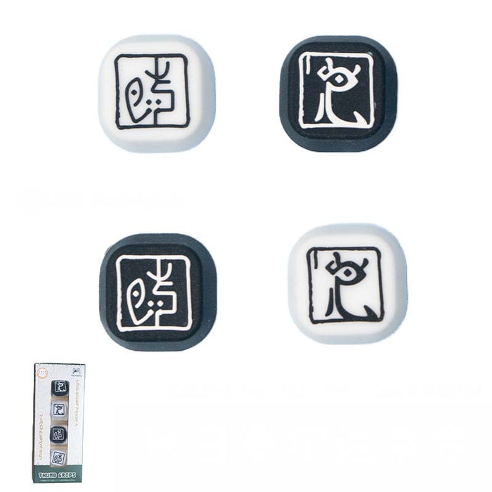 Zelda Pro Controller Joystick Caps: Tears of the Kingdom: white, dark navy/black stylized Chinese characters/symbols, minimal