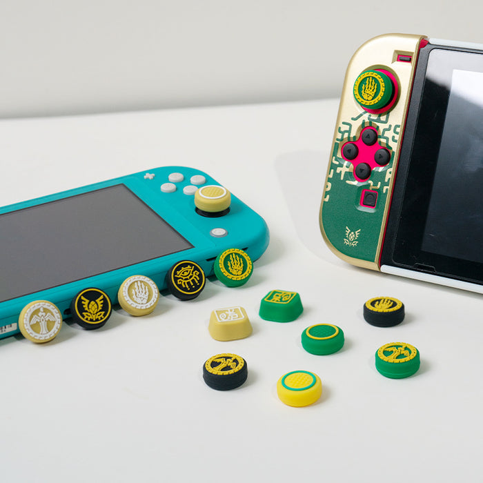 Zelda Pro Controller Joystick Caps: Tears of the Kingdom: white, dark navy/black stylized Chinese characters/symbols, minimal