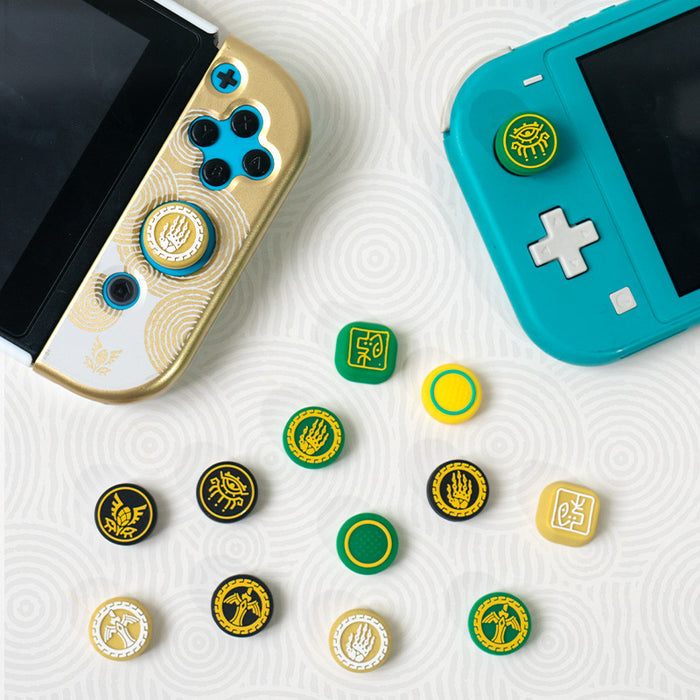 Zelda Pro Controller Joystick Caps: Tears of the Kingdom: white, dark navy/black stylized Chinese characters/symbols, minimal