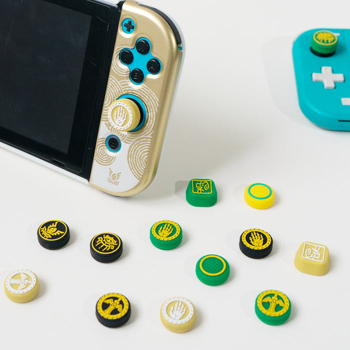 Zelda Pro Controller Joystick Caps: Tears of the Kingdom: white, dark navy/black stylized Chinese characters/symbols, minimal