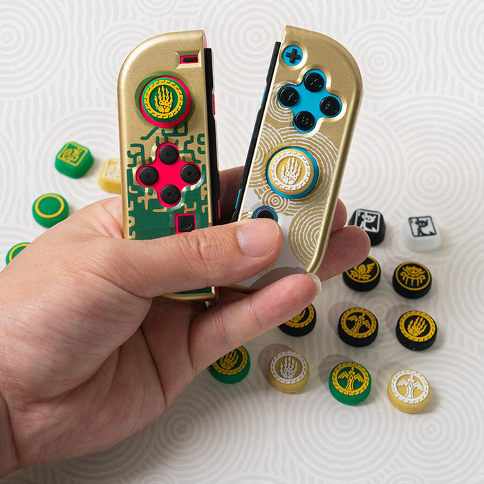 Zelda Pro Controller Joystick Caps: Tears of the Kingdom: white, dark navy/black stylized Chinese characters/symbols, minimal