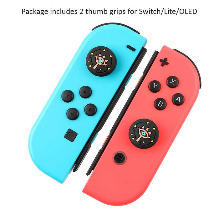 Zelda Switch Thumb Grips with Sheikah Slate: black, pink stylized eye symbol, cartoon style