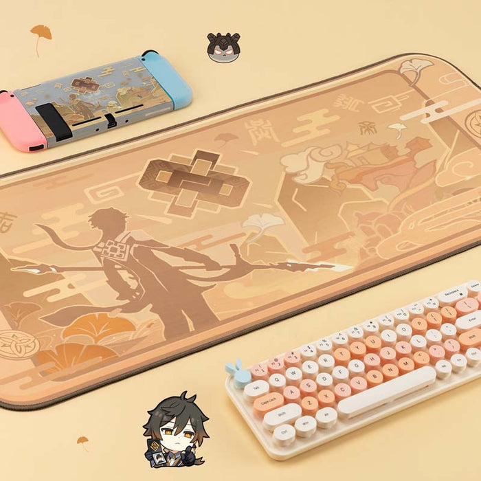 Zhongli Desk Pad, Gaming Essential: peach, tan Japanese-inspired warrior and dragon illustration, anime-inspired Japanese fan