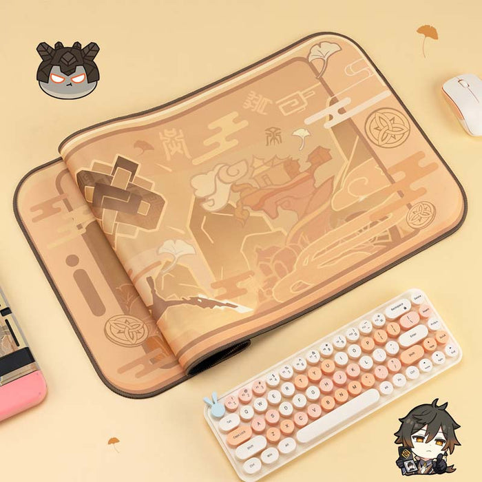 Zhongli Desk Pad, Gaming Essential: peach, tan Japanese-inspired warrior and dragon illustration, anime-inspired Japanese fan